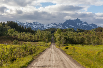 Fototapeta na wymiar road passing in a valley between mountains in Norway, selective focus