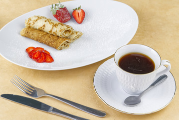 coffee cup with a gold border on olive wood board. Breakfast setting, coffee oatmeal cookies with raspberries and mini tosca cake