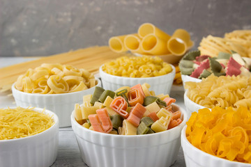 Different varieties of dry pasta and its various types.