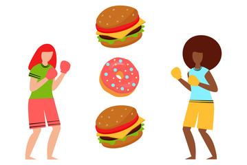 Diet. Healthy lifestyle. Women in Boxing gloves fight fast food. flat vector illustration.