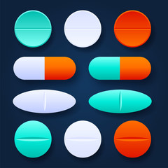 Colorful Tablets and pills realistic set. Pharmaceutical dosage forms, medical and healthcare concept. Vector 3D medical preparations illustration on dark background