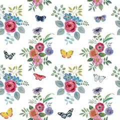 Flowers leaves and butterflies in a seamless pattern.Watercolor flowers on a white background for printing and design.Seamless botanical pattern.