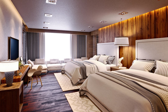 3d Render Luxury Hotel Room With Two Beds