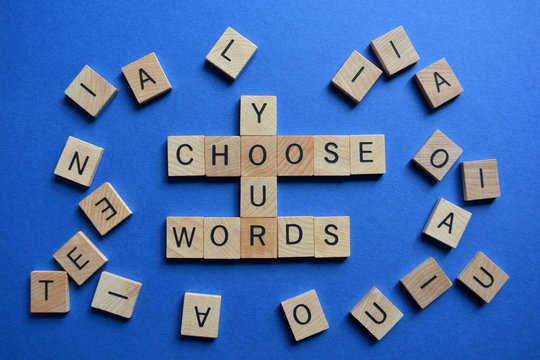 Choose Your Words, surrounded by random letters on blue background