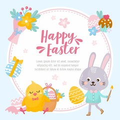 Happy Easter card. Illustration with easter eggs, spring bouquet, cute animals and holiday elements. Creative frame for your design.