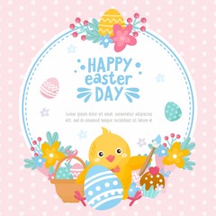 Happy Easter Day card. Illustration with easter eggs, little chicken, spring bouquet and holiday elements. Creative frame for your design.