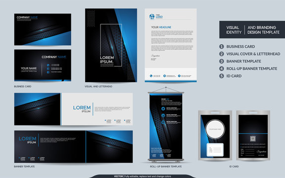 Modern blue stationery mock up and visual brand identity set.
