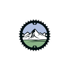 emblem of mountain bike and gear isolated on white background