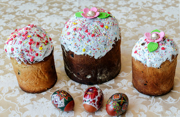 Easter cake, decorated with culinary sprinkles, for the Easter holiday, sweet pastry