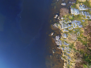 Aerial top view on a riverbank, Blue water surface. Abstract nature background.