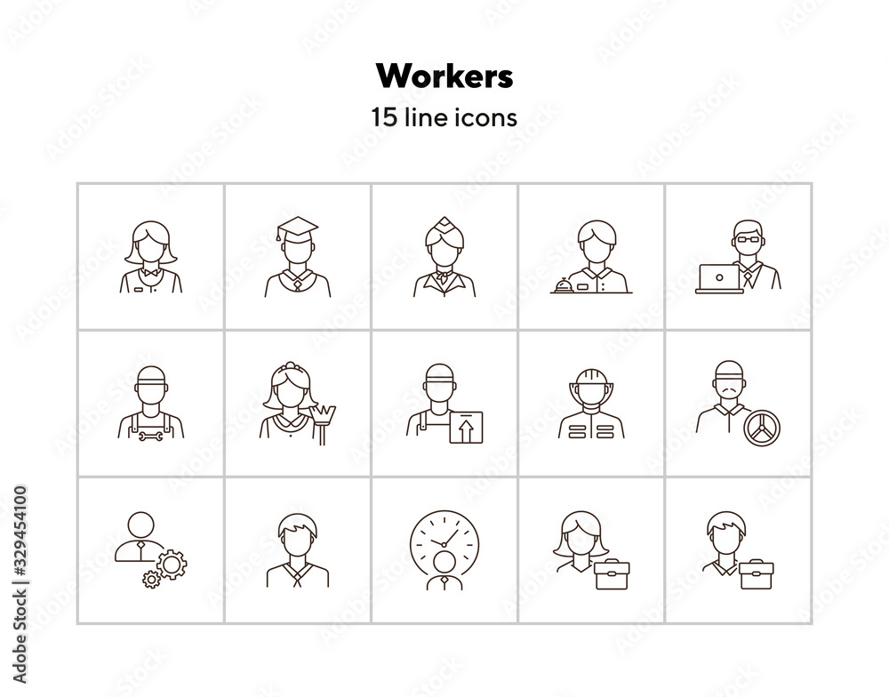 Canvas Prints Workers icons. Set of line icons on white background. Courier, businessman, stewardess. Occupation concept. Vector illustration can be used for topics like career, skill, service