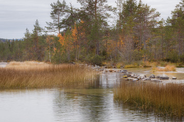Fototapeta premium Lake at the Forsaleden Waterfalls in autumn colors