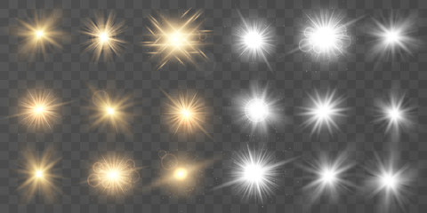 Fototapeta premium Set of White and golden glowing light . Sparkling magical dust particles. Star burst with sparkles on a transparent background