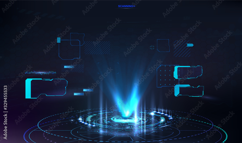 Poster Futuristic hologram for presentation in HUD style. UI, GUI screen design. Vector illustration with Futuristic User Interface and abstract tech elements. Innovation presentation concept. Vector hologra