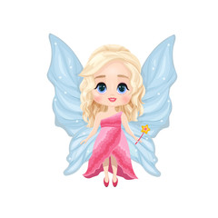 Vector illustration of pretty smiling fairy character. Magical cute pixie in beautiful pink dress with blue wings and blonde hair.