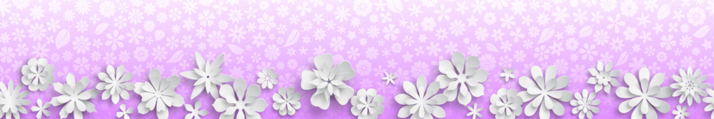 Fototapeta na wymiar Banner with floral texture in purple colors and big white paper flowers with soft shadows. With seamless horizontal repetition