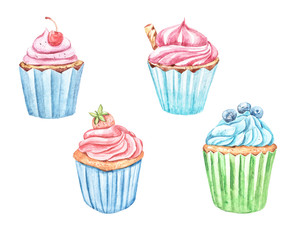Watercolor cupcakes set with  strawberry, blueberry, cherry. Illustration isolated on white background. Easy to use for different design of patterns, menu, greeting cards, advertisement, birthday 