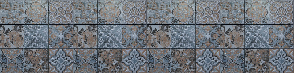 Blue vintage retro geometric square mosaic motif tiles texture background banner