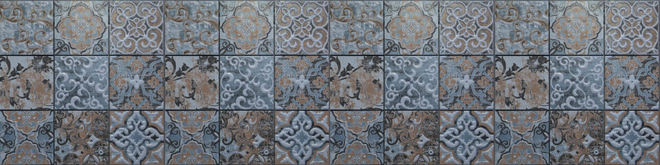 Blue vintage retro geometric square mosaic motif tiles texture background banner
