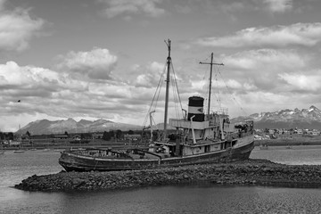 the shipwreck of St Christophorus in the port of Ushuaia in black and white, Argentina