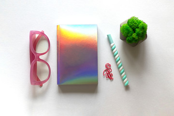 Pink framed glasses, a holographic notebook, a multi-colored pen, a pink flamingo-shaped paper clip and small moss on a white background. Everything you need for your design.