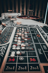 Casino concept background. Poker chips on the table. A gaming table in a luxury casino. Casino...