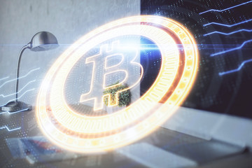 Multi exposure of blockchain and crypto economy theme hologram and table with computer background. Concept of bitcoin cryptocurrency.