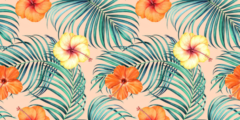 Colorful seamless pattern with tropical branches and hibiscus flowers on white background. Watercolor illustration.