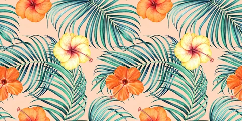 Tapeten Buntes nahtloses Muster mit tropischen Niederlassungen und Hibiskusblüten auf weißem Hintergrund. Aquarellillustration. © Oleksandra