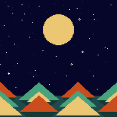Pixel art seamless background. Location with mountains, stars and moon. Landscape for game or application. 8 bit.