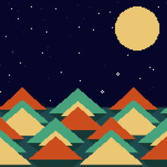 Pixel art seamless background. Location with mountains, stars and moon. Landscape for game or application. 8 bit.