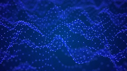 Abstract dots background. Big data visualization. Futuristic dynamic wave on blue background. 3D rendering.