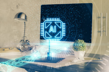 Double exposure of computer and technology theme hologram. Concept of freelance work.