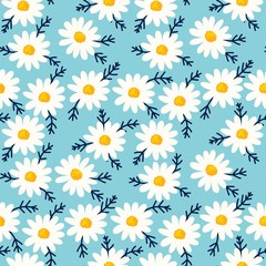 Daisy seamless pattern on blue background. Floral ditsy print with small white flowers and leaves. Chamomile design great for fashion fabric, trend textile and wallpaper.
