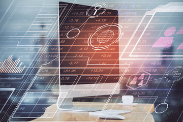 Technology theme drawing and table with computer. Multi exposure. Concept of information.