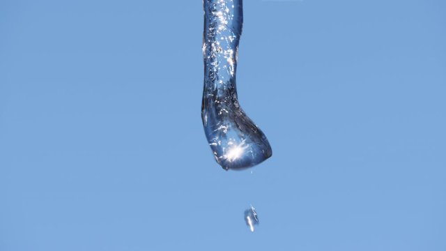 Incredible macro shot of water dripping from end of thawing icicle melting in spring with sunlight reflected inside. Looping possible.