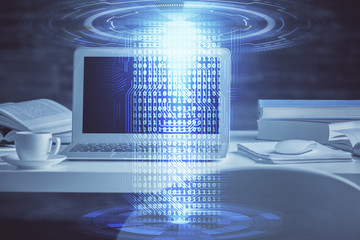 Technology theme drawing and table with computer. Multi exposure. Concept of information.