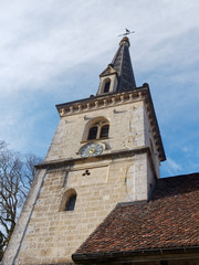 Fototapeta premium Temple de Môtiers in Val-de-Travers in the canton of Neuchâtel in Switzerland.