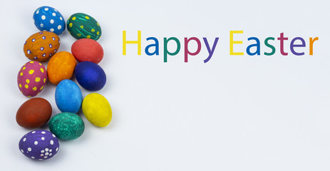 Fototapeta na wymiar Easter eggs. Happy easter card. Multi-colored Easter eggs. Easter eggs on a white background. Easter eggs. Easter symbol. Easter card. Banner Copy space. Place for text