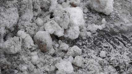 Dirty snow. Frozen snowdrift mixed with earth. Autumn or spring background. The concept of snow removal. Closeup. 