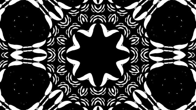 3d Looped Abstract ornate decorative background. Hypnotic minimal black colored kaleidoscope.