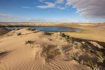 Cloudy view on a mountain lake. Mongolia