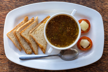 Seafood soup in a white bowl, Tanzania, east Africa, close up