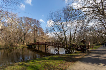 Fototapeta na wymiar Wooden bridge at the english garden of the famous Brunszvik Pala