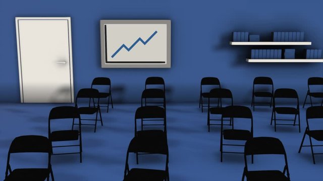 Interior of conference hall in blue colors with chairs, board with a graph, book chelves and the door. Animation. 3D layout of a room for business seminars or meetings.