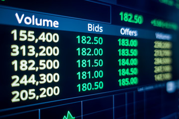 Obraz premium Stock market graph and ticker for businese analysis on LED screen monitor. Finance, Investing and exconomic concept.