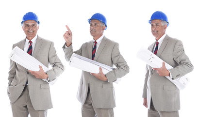 Mature businessman / engineer / architect in hard hat holding rolled up blueprints. Three Different poses.