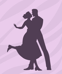 Original graphic silhouette illustration of two people in love, man and woman hugging each other tenderly in a dance