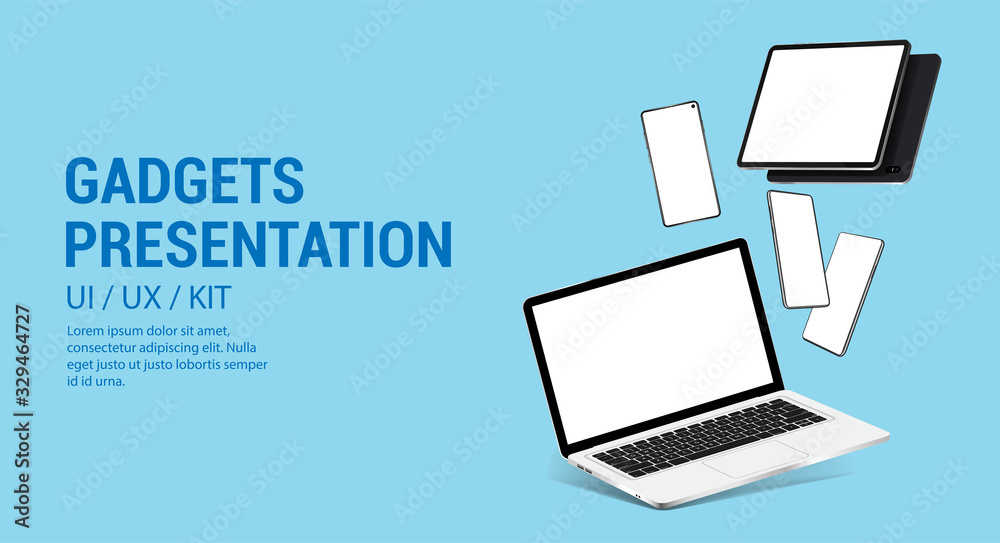 Poster web page with 3d mockups gadgets ( smartphone, laptop, tablet) realistic devices. gadgets from diffe