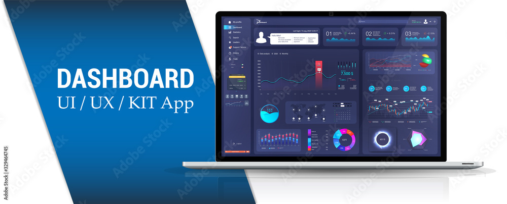 Fototapete Admin panel design, dashboard interface. Platform application for Analytic and financial distribution. Business dashboard with infographics, data, charts and diagrams. Dark blue admin panel. Vector UI